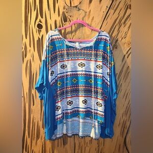 Pink Owl Vibrant Blue Tribal Print Blouse size L